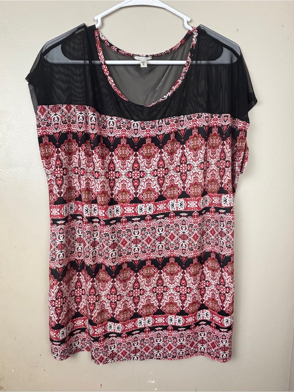 Siren Lily Red Patterned Short Sleeve Tunic with Black Mesh Yoke